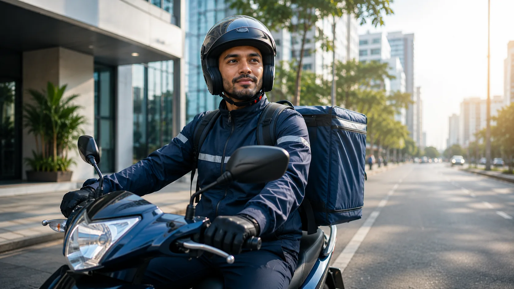 Entregador de moto em cidade contemporanea