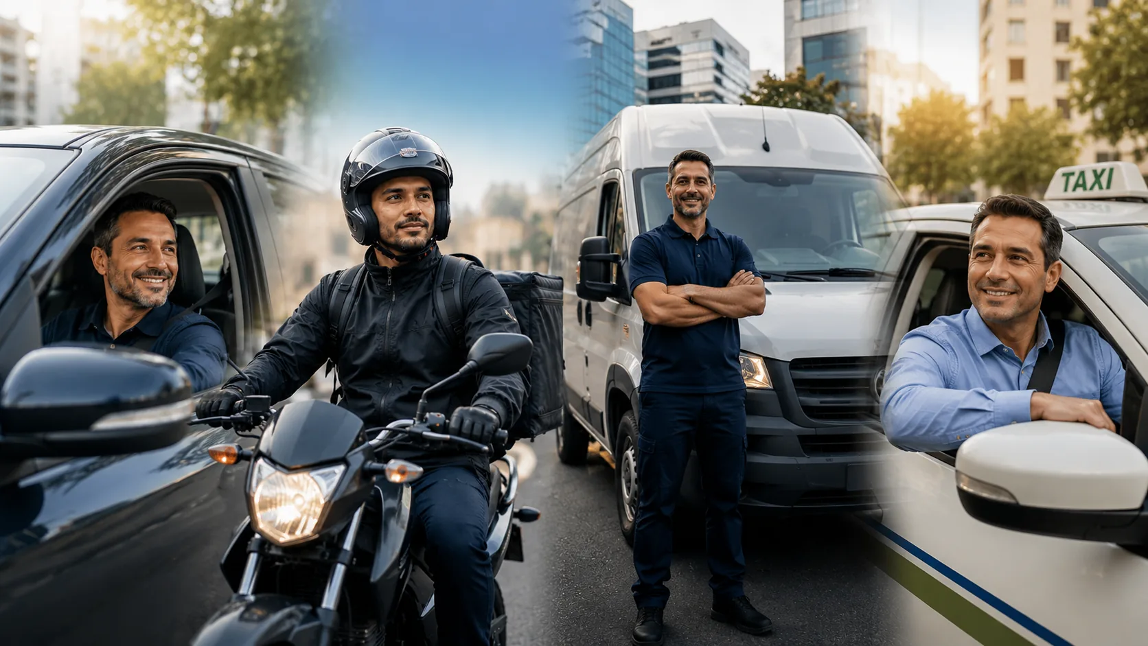 Carro, moto e utilitario representando trabalhadores que dependem de veiculo