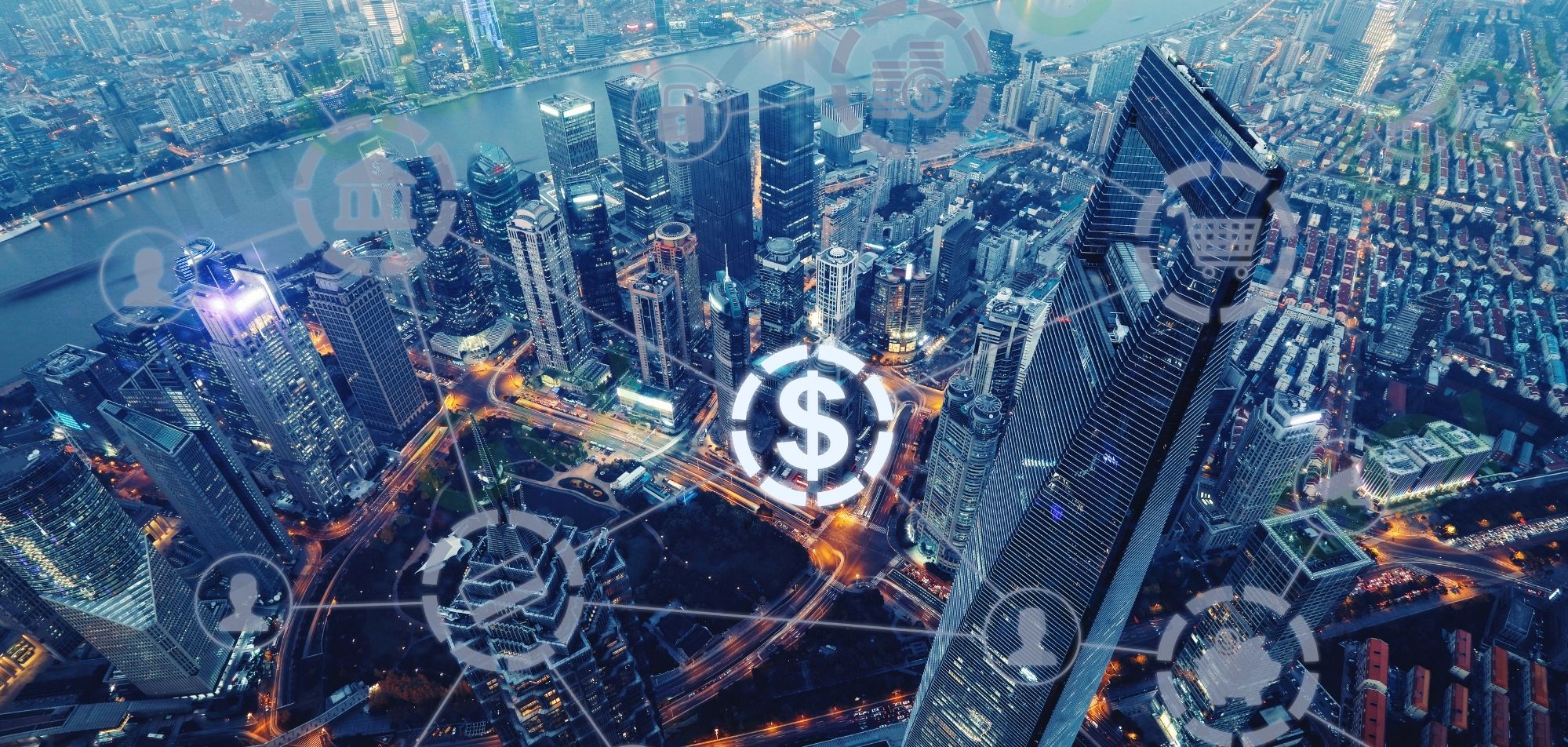 Vista aérea de centro financeiro com ícones de dinheiro e proteção.