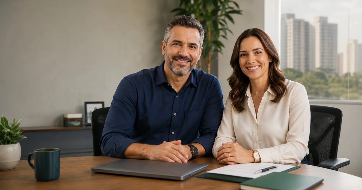 Dois consultores da AMIGO em mesa de trabalho com notebook, representando o uso de tecnologia no atendimento.